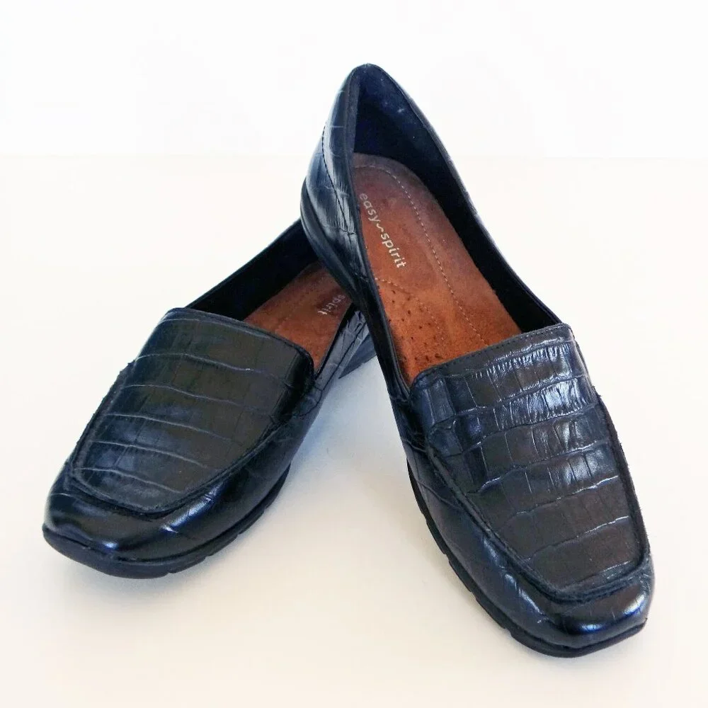 New!! Easy Spirit Abide Black Croco Print Casual Flats 9 1/2 WW Extra Wide